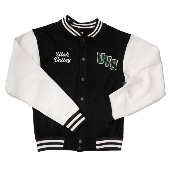 Black and white varsity jacket, "Utah Valley" embroidered in white on right chest, "UVU" embroidered in green, white, and black on left chest